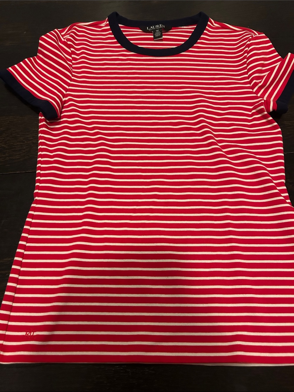 Ralph Lauren Women’s Red & White Stripe Tee with Navy Trim
